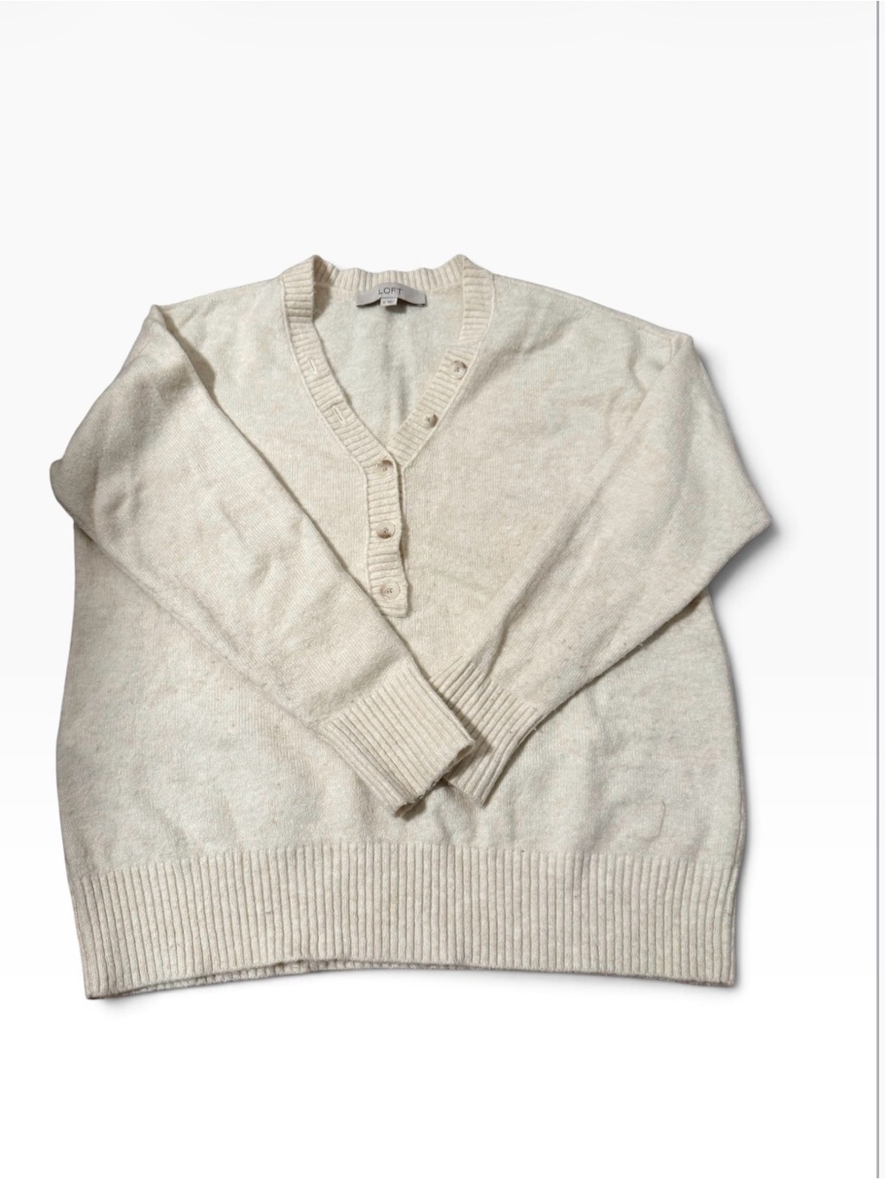 LOFT Cream V-Neck Button Knit Sweater